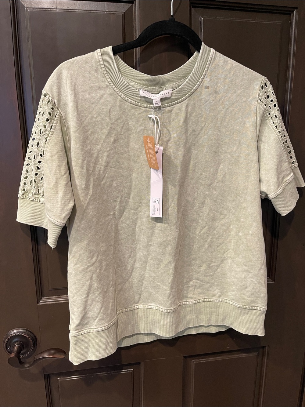 Short-Sleeve Eyelet-Trim Top in Light Sage